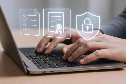 Online Compliance Man Typing on Laptop with Regulatory Icons Depicting Data Protection and Certification photo