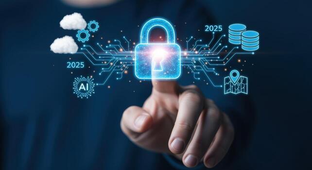 Cybersecurity Protection Digital Padlock with Hand Touching Secure Interface for Online Data Privacy and Future Technology photo