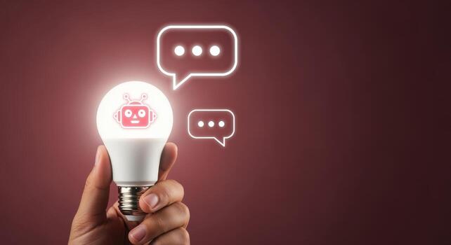 AI Chatbot Concept Hand Holding Glowing Lightbulb with Robot Icon and Speech Bubbles on Burgundy Background photo