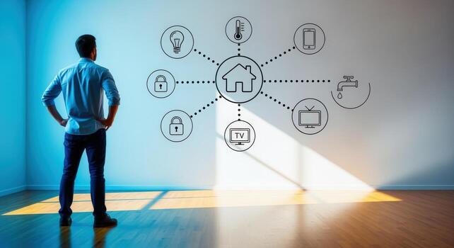 Smart Home Automation Man Contemplates Connected Living in a Modern, Technology-Driven Residence with IOT Devices photo