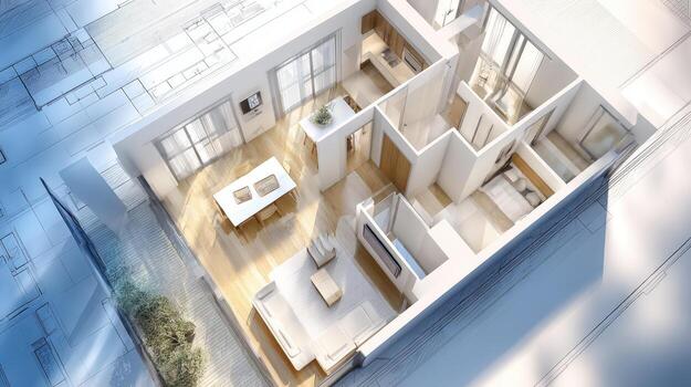 Architectural 3D Rendering of Modern Home Interior Design with Blueprint Background for Real Estate Visualization photo