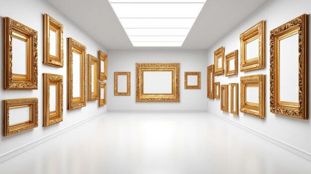 Empty Gilded Frames in a Modern Art Gallery with White Walls Offering Design Flexibility photo