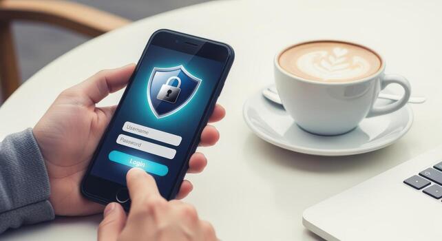 Mobile Security System on Smartphone with Login Screen and a Cup of Coffee Nearby photo