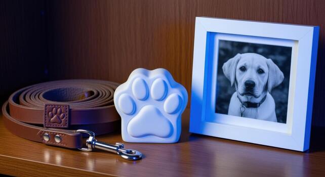 Dog Remembrance Still Life with Pet Photo, Paw Print Keepsake, and Leash on Wooden Shelf photo