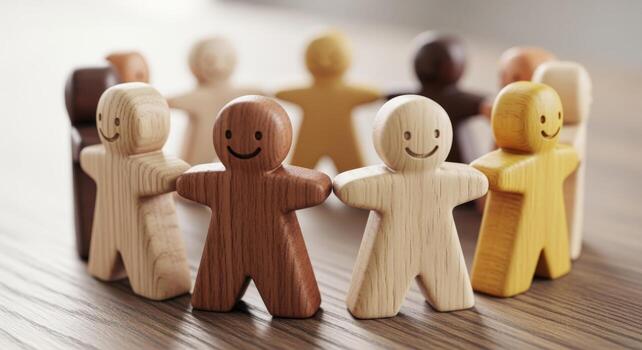 de madera cifras estar en unidad diverso grupo participación manos en un círculo, simbolizando trabajo en equipo foto