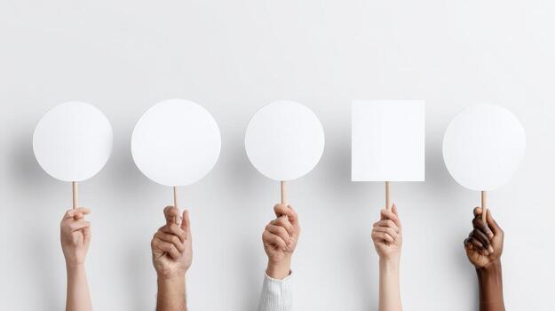 Diverse Hands Holding Up Blank White Signs for Protests, Demonstrations, or Customizable Mockups Against a White Background photo