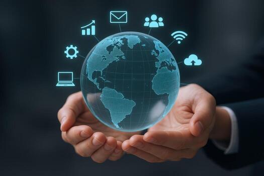 Global Digitalization Concept Businessman Holding Holographic Globe with Network Icons Representing Connectivity and Modern Technology photo