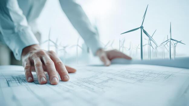 Engineer Analyzing Wind Turbine Plans for Renewable Energy Project in Sustainable Development and Clean Power Generation photo
