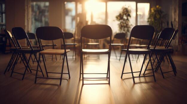 Empty Chairs Arranged in a Circle, Symbolizing Group Therapy or a Meeting in a Bright Room photo