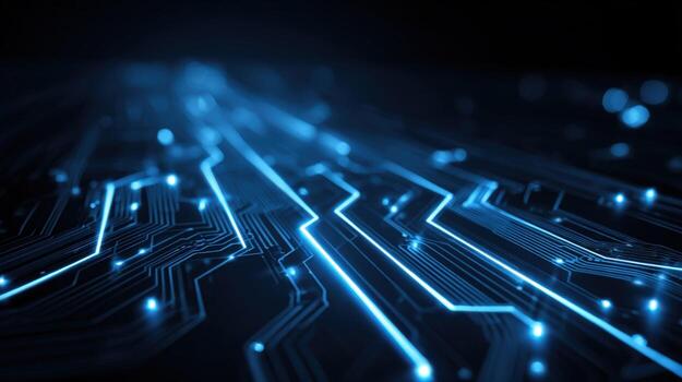 Abstract High Tech Circuit Board Background with Glowing Blue Lines for Futuristic Technology photo