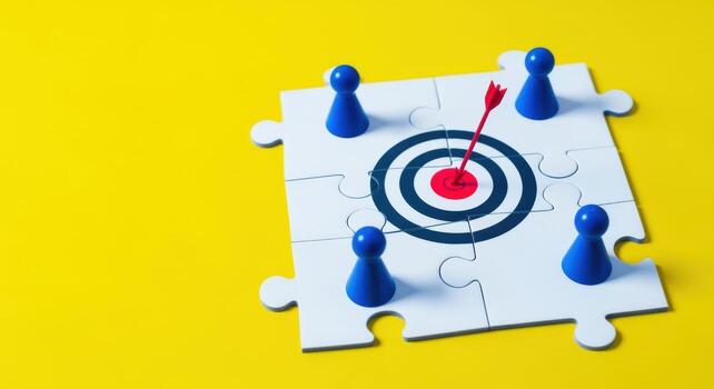 Target Audience Strategy Jigsaw Puzzle Target with Arrow and Figurines on a Yellow Background photo