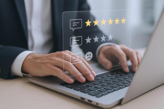 Online Feedback Survey with Five Star Rating, Client Satisfaction Measurement Using Laptop photo