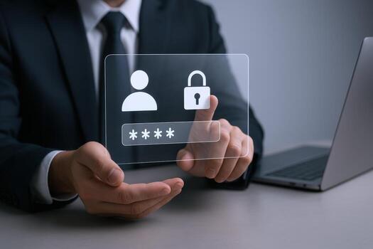 Data Protection Man Holding Interface with Login, Password, and Security Lock for Secure Online Access photo