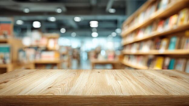 Wooden Table Surface Over Blurred Bookstore Background Ideal for Product Display and Promotional Mockups photo