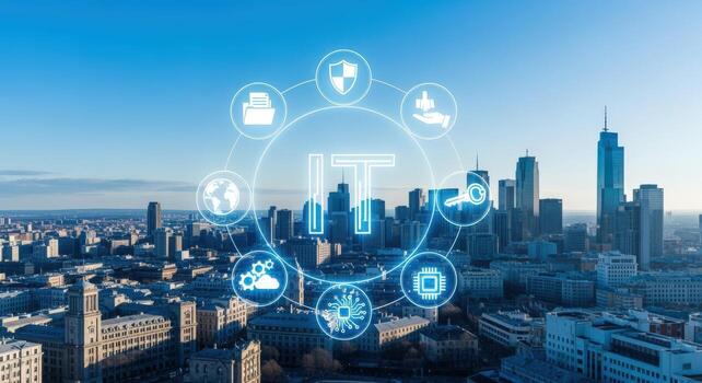 IT Infrastructure Over Cityscape Cybersecurity Solutions, Data Management, Cloud Computing and Business Technology Services Concept photo