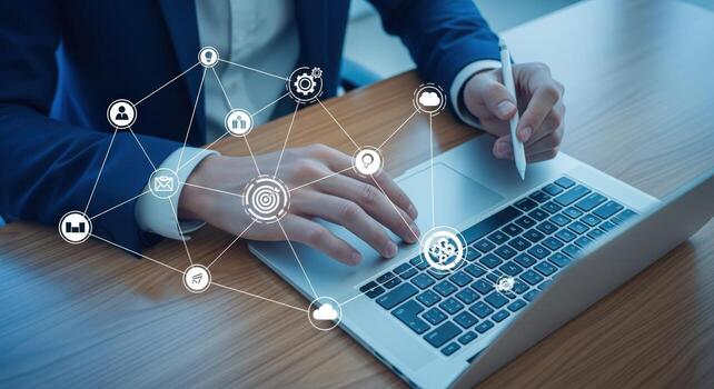 Professional Using Laptop with Digital Network Overlay for Business Collaboration and Data Analysis photo