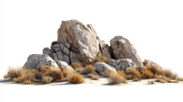 Rock Formation with Desert Scrub Isolated on White Background for Compositing and Design Elements photo