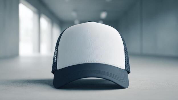 Blank Trucker Hat Mockup for Custom Print Designs in a Modern Industrial Setting photo