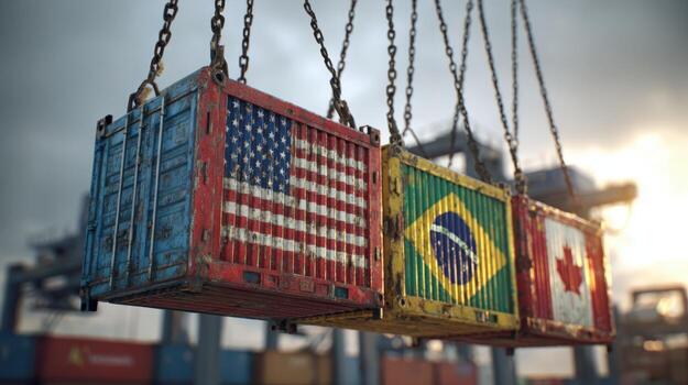 International Trade and Global Commerce Shipping Containers with Flags Representing Export and Import Partnerships photo