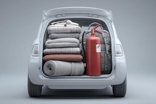 Compact Car Trunk Loaded with Belongings Travel, Safety, and Preparedness Concept in 3D Rendering photo