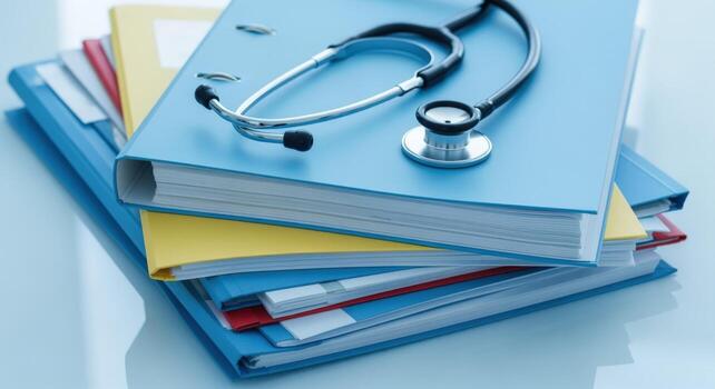 Medical Records Stack with Stethoscope Healthcare Documentation and Patient Information Management for Audit Compliance photo
