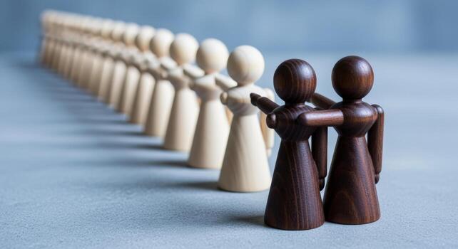 Diversity and Inclusion Wooden Figures Illustrating Unity, Support, and Standing Out in a Crowd photo