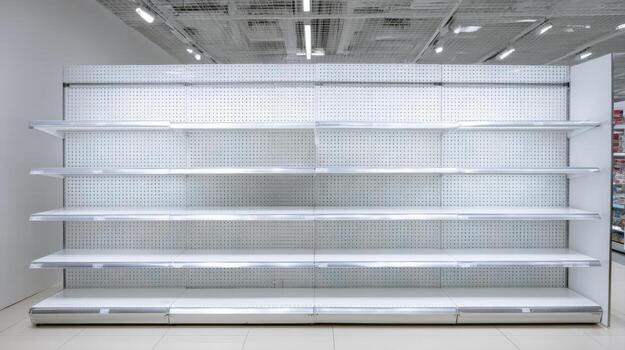 Empty Supermarket Shelves in White, Ready for Product Placement and Retail Display photo