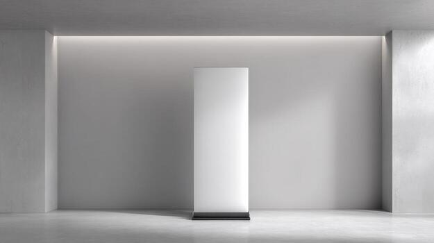 Blank White Roll Up Banner Stand Mockup in Modern Empty Room with Gray Wall photo