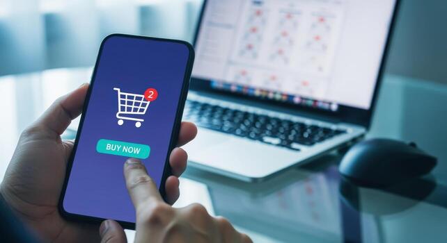 en línea compras experiencia cliente utilizando móvil aplicación y ordenador portátil para comercio electrónico actas a hogar foto