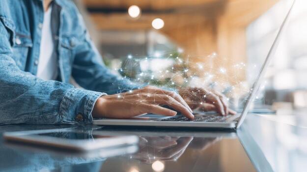 manos mecanografía en ordenador portátil con resumen digital efectos, tecnología y conectividad concepto foto