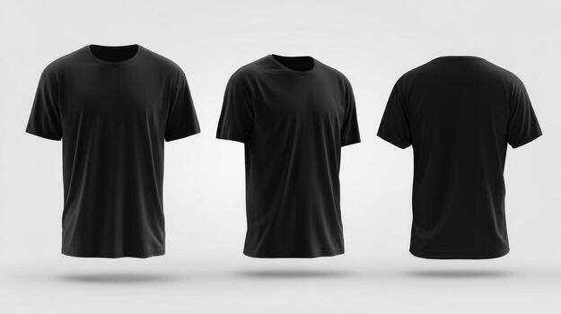 Black T-Shirt Mockup Featuring Front, Side and Back Views, Ideal for Design Presentation and Apparel Templates photo