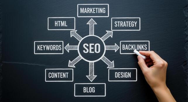 SEO Strategy Chalkboard Diagram Optimizing Keywords, Content, Backlinks, Marketing, and Design for Search Engine Success photo