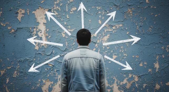 Man Facing Multiple Directional Arrows on Weathered Wall, Illustrating Choice, Strategy and Future Path photo