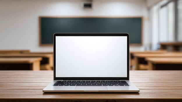 Laptop with Blank Screen Display in Classroom Education, Technology, and Learning Environment photo