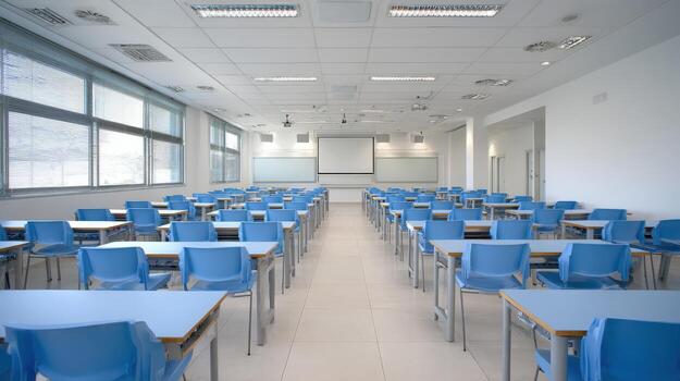 Bright Empty Classroom with Rows of Blue Chairs and Tables Ready for Students photo