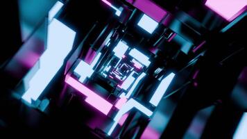 3d Renderização fictício fundo Sombrio azul Ciência ficção Sombrio abstrato fundo néon cubos vários tamanho cubo lâmpadas Rosa e azul néon luzes rede, blockchain tecnologia ilustração video