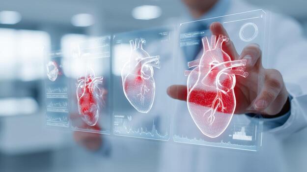 Medical Professional Examining Heart Scan on Interactive Screen Displaying Detailed Anatomy and Diagnostics for Patient Care photo