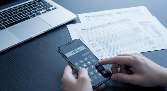 calculador impuestos con móvil aplicación financiero planificación y contabilidad para negocio o personal utilizar foto