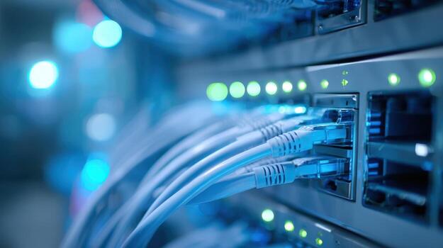 Network Server Hub with Ethernet Cables Connected, Providing Data Transmission and Connectivity photo