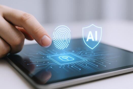 Artificial Intelligence Security System Fingerprint Scan on Tablet for Data Protection and Access Control photo