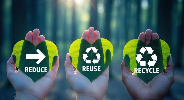 Hands Holding Leaves with Reduce, Reuse, Recycle Symbols for Environmental Conservation and Sustainability photo