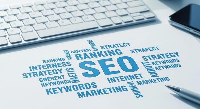 SEO Optimization Concept with Keyboard, Pen, and Phone on White Paper for Digital Marketing photo