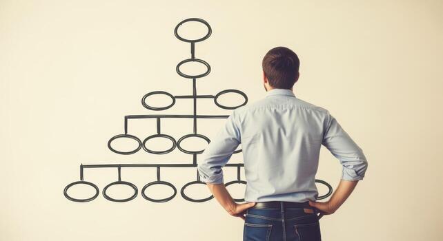 hombre contemplando jerárquico organizativo gráfico en muro, representando estructura y negocio proceso planificación para eficiencia y flujo de trabajo foto