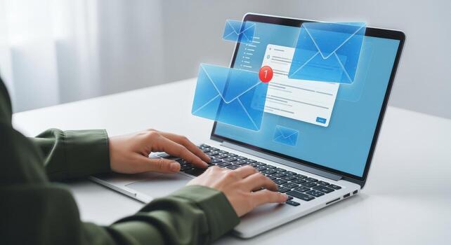 Hands Typing on Laptop with Email Notification Icons, Digital Communication and Inbox Management photo