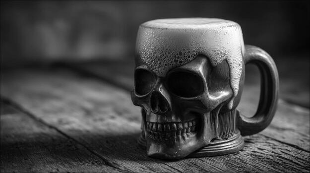 Skull Mug Filled with Refreshing Beer on a Rustic Wooden Table in Black and White photo
