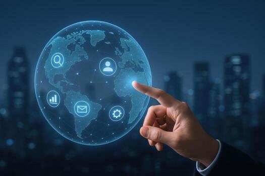 Digital Global Connection Hand Interacting with Holographic World Map Interface, Data Visualization on Cityscape Background photo