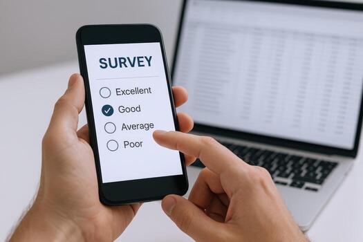 Online Survey on Smartphone with Good Selected Next to Laptop, Illustrating Customer Feedback and Data Collection photo