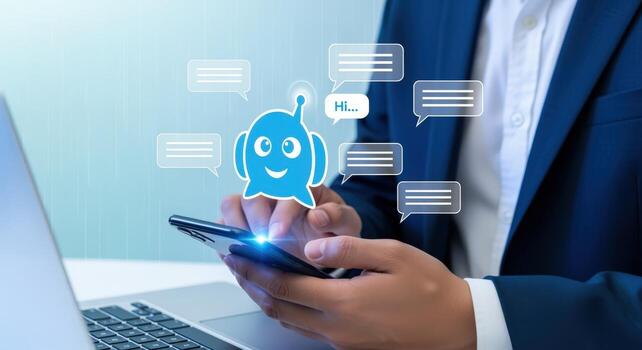 Chatbot Concept Man Interacting with AI Assistant on Smartphone for Customer Service Automation photo