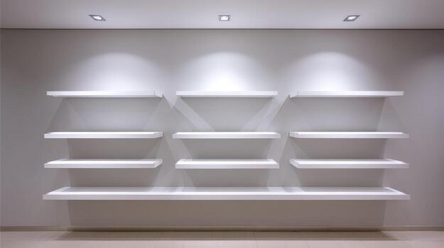 Empty White Shelves on Wall Ready for Product Display or Merchandise Showcase in a Retail Environment photo