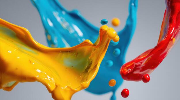 Dynamic Splashes of Red, Yellow, and Blue Paint Creating an Abstract and Colorful Composition photo